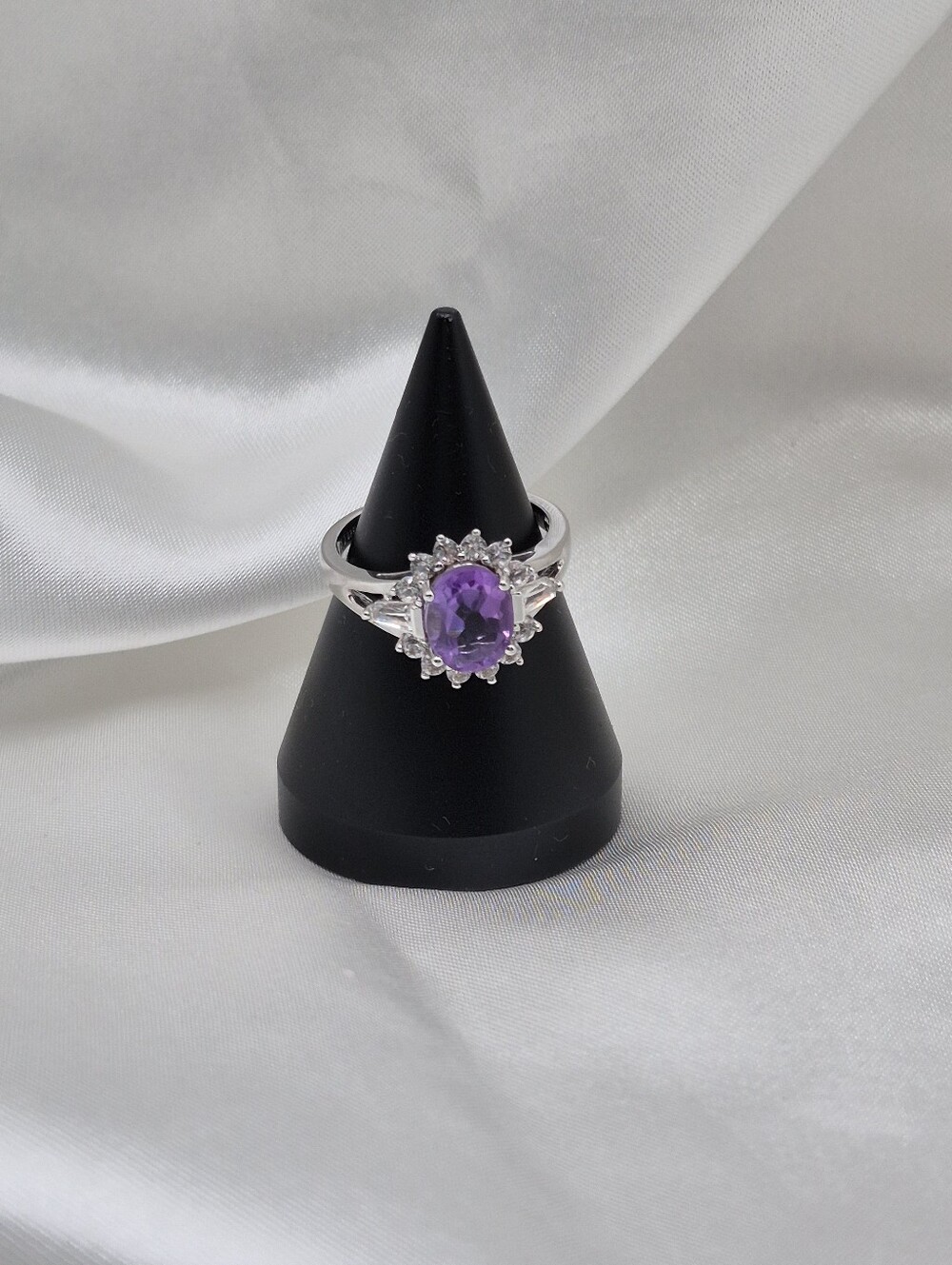 Authentic PAJ (Prime Art & Jewel) 925 Sterling Silver Amethyst Halo Ring Size 7